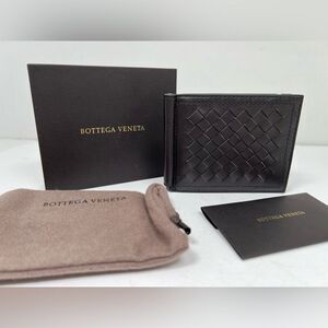 Authentic Bottega Veneta Brown Intrecciato Leather Money Clip Bifold Wallet